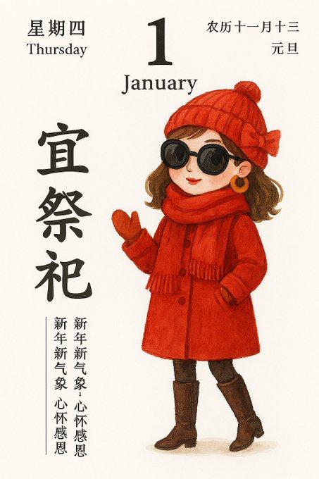 时尚日历插画请根据输入的日期生成中国黄历日历图片，请先根据日期检索出与当前日期对应的黄历信息：1. 星期几2. 中国农历日期、中国节假日（如果有的话）3. 黄历中当日的“宜”事项（3-8个字），以“宜”字开头4. 与“宜事项”配套的一句简短的励志、治愈、温暖文字说明5. 与节假日或“宜事项”、日期所处季节配套的人物造型、穿着描述然后基于下面的提示词模板生成这个日期的日历图片 Prompt，注意大括号包起来的部分为占位符：<prompt-template>请生成一张可爱、时尚的竖版（9:16）日历插画，风格为清新明快的手绘插画风格：一、插画要求：- 人物为年轻时尚的女生形象，风格可爱、灵动，采用水彩或手绘质感，色彩鲜艳柔和