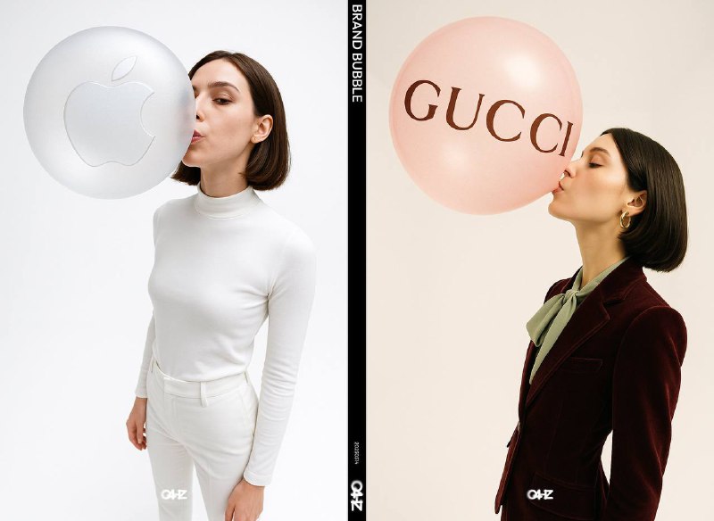 【提示与合作】为我创作一个新系列：品牌泡泡糖：一位穿搭符合品牌特性的时尚模特，吹出一个印有品牌logo的泡泡糖，侧面姿势，先设计再生成【GPT】Apple（苹果）模特设定性别气质：中性科技感，冷感美学，极简气质发型：光头/超短发，耳朵处有银色小耳钉表情：若有若无的自信微笑，仿佛在“沉默地宣告未来”穿搭纯白高领贴身上衣 + 极简裁剪长裤Apple Watch 或 AirPods 作为配饰细节全身服装无任何图案，只在泡泡中体现 logo泡泡糖颜色：纯白透明泡泡，带一点冷光蓝反射Logo：Apple logo 漂浮在泡泡中，仿佛由光构成，略微弯曲但依然锐利表面质感：光滑如玻璃，隐约能反射模特面部轮廓背景全白摄影棚，纯净背景无干扰，灯光均匀柔和地面与背景融为一体，模特脚部远离，视觉锥形拉伸感明显#生图 #流影｜ZH4O #中文 #海报设计