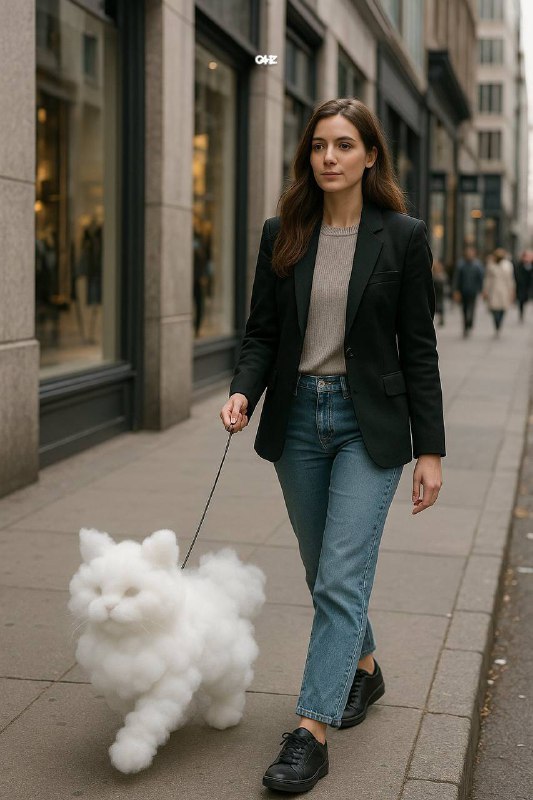 【提示 / Prompt】为我创作：“云朵宠物”，人牵着像云朵一样柔软轻盈、半透明的宠物行走，先设计再生成【GPT】•材质感：像云朵一样柔软、蓬松，有微微的流动感，部分半透明