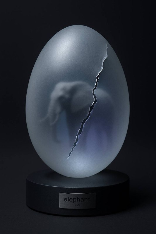 作者：ZHO系列：ZH4O一件充满未来感与神秘感的现代雕塑作品：整体造型为一个半透明的蛋壳形状，蛋壳右侧有一道清晰的裂缝，从中隐约可见一个模糊【大象】的轮廓蛋壳部分采用磨砂质感的半透明材质，介于玻璃与树脂之间，表面光洁、略带漫反射