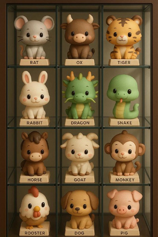 将中国十二生肖的动物制作成非常可爱的3D Q版风格手办，并让它们按顺序整齐地摆放在玻璃手办展示柜子中，4行3列，每一格一个生效动物手办，底部有一个标签，写上动物的名字