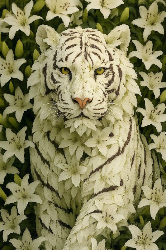UltraRealisticPhoto(3, Photo(0, Scene(tiger), 3, MadeEntirelyOutOf(lillies)))