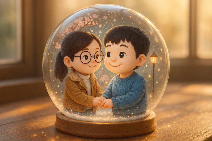 情侣水晶玻璃球场景主体窗边木质桌面上摆放着一个透明而晶莹剔透的水晶玻璃球，温暖柔和的晨光从窗户洒入室内，穿透水晶球时折射出细碎的金色光点，投影在桌面形成梦幻般的光晕与柔和光斑，氛围温馨浪漫