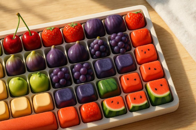 帮我生成一张 3:2 比例的图片，一个超现实风格的键盘，每个按键都是一件微缩的匠心烘焙制品——例如一个拥有完美分层的小牛角包、一块有着酥脆外壳的乡村面包、一个点缀着海盐的迷你椒盐卷饼、或是一份精致的咸派——设计上突出烘焙品的金黄光泽、酥松或扎实的口感纹理