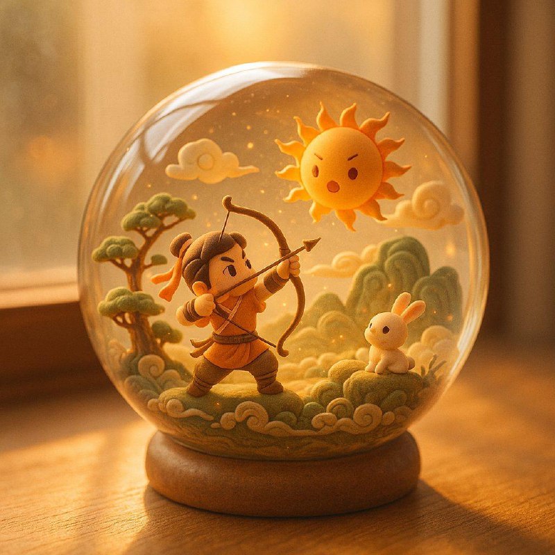 把故事场景融入水晶球中提示词（修改中括号【】内文字为故事场景描述，成语、故事、小故事都可以）：一枚精致的水晶球静静摆放在窗户旁温暖柔和的桌面上，背景虚化而朦胧，暖色调的阳光轻柔地穿透水晶球，折射出点点金光，温暖地照亮了四周的微暗空间