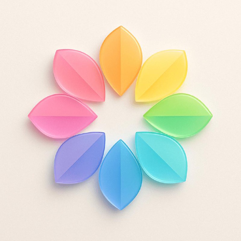 创建一幅高质量的 3D 渲染插图，主体为一个色轮徽标：八片对称的花瓣状叶片围成完美的圆形花朵图案