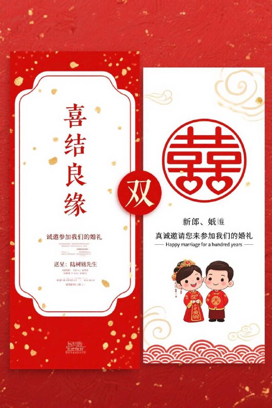 制作一张中国传统风格的婚礼邀请函海报，采用竖版双联设计，主色调为红色与白色搭配，背景为带有金色纹理点缀的红色