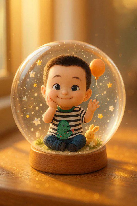 儿童水晶玻璃球场景主体窗边木质桌面上摆放着一个晶莹剔透的透明水晶玻璃球，温暖柔和的阳光从窗外洒入，透过球体折射出点点细碎、温暖的金色光斑，光影交错，营造出纯真梦幻的童话感