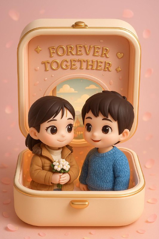 根据照片上的内容打造一款细致精美、萌趣可爱的3D渲染收藏摆件，装置在柔和粉彩色调、温馨浪漫的展示盒中