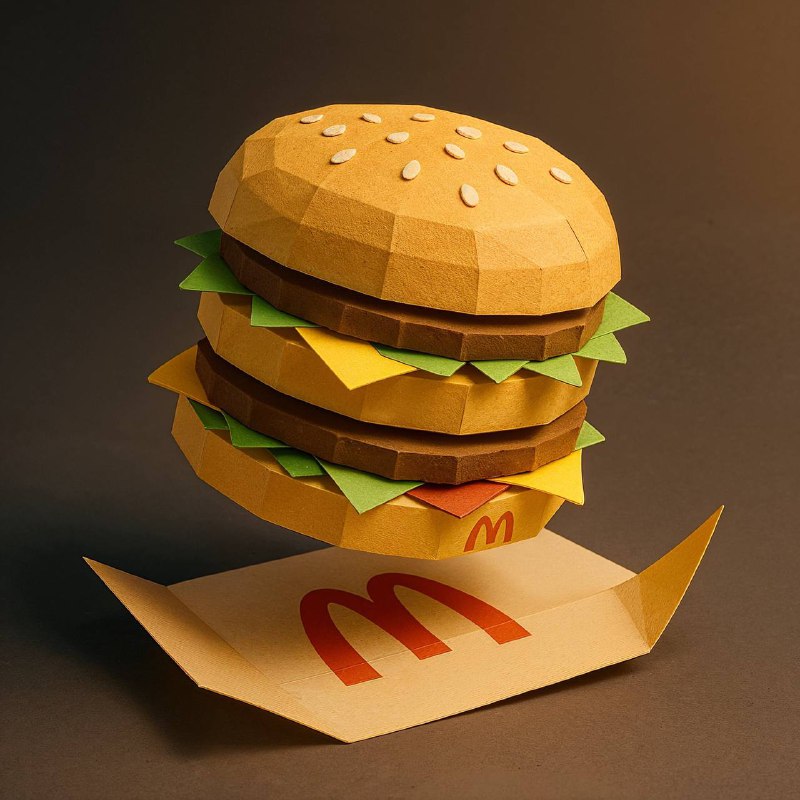 A flat branded paper folds itself into the full 3D shape of a [Big Mac], mid-motion. Paper colors match the ingredients and McDonalds brand primary color palette. Dramatic studio lighting, origami texture detail, gradient shadows, Japanese minimalism feel.#Prompt #生图 #Heather Cooper