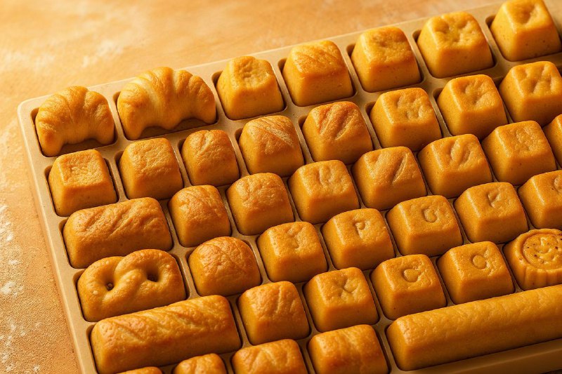 帮我生成一张 3:2 比例的图片，一个超现实风格的键盘，每个按键都是一件微缩的匠心烘焙制品——例如一个拥有完美分层的小牛角包、一块有着酥脆外壳的乡村面包、一个点缀着海盐的迷你椒盐卷饼、或是一份精致的咸派——设计上突出烘焙品的金黄光泽、酥松或扎实的口感纹理