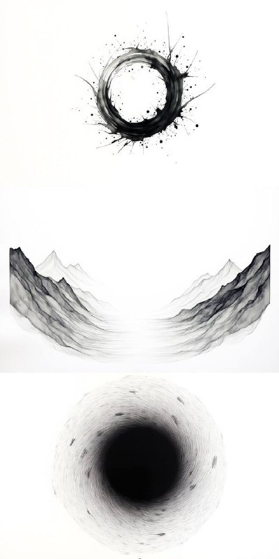 模型：lovartPrompt:Style: Minimalist ink wash painting with bold gestural strokes, capturing the essence of Taoist philosophy through visual contradictionsTechnique: Loose, flowing brushwork where thick and thin lines interweave - heavy ink drops bleeding into delicate whispers, rough textures meeting smooth gradients, creating a breathing rhythm of opposing energiesNarrative: Two spiraling forces emerge from a central void - one ascending like smoke, one descending like waterfall - not fighting but completing each other's motion, suggesting the eternal cycle where every ending births a beginning, every weakness contains strengthColor: Black and white in dynamic tension - deep velvety blacks flowing into pristine whites, with countless grays born from their meeting, embodying the visual manifestation of yin-yang philosophyPicture ratio: 900*500#李继刚 #Prompt #生图