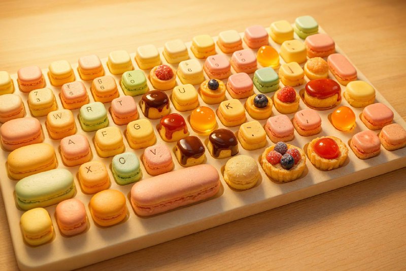 帮我生成一张 3:2 比例的图片，一个超现实风格的键盘，每个按键都是一件微缩的匠心烘焙制品——例如一个拥有完美分层的小牛角包、一块有着酥脆外壳的乡村面包、一个点缀着海盐的迷你椒盐卷饼、或是一份精致的咸派——设计上突出烘焙品的金黄光泽、酥松或扎实的口感纹理