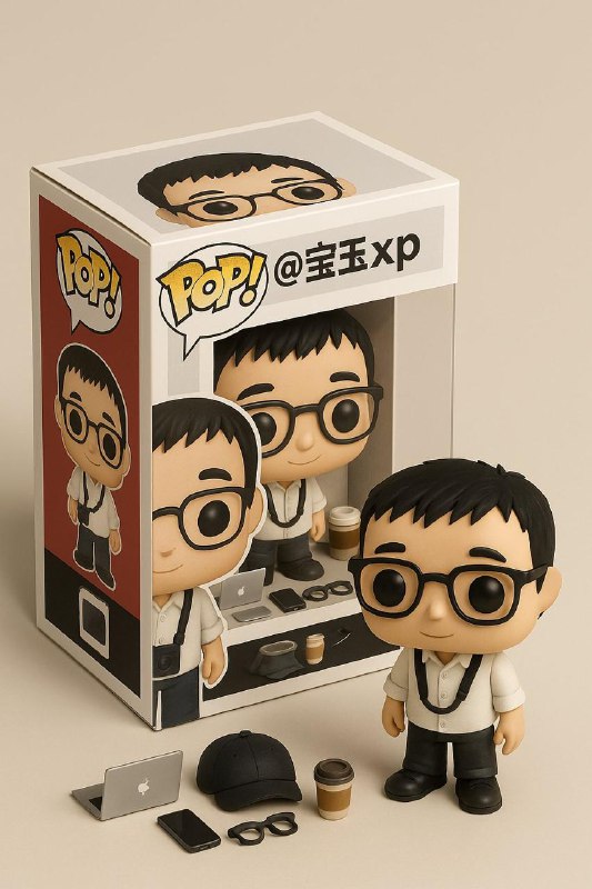 Funko Pop把照片中的人物变成 Funko Pop 公仔包装盒的风格，以等距视角（isometric）呈现，并在包装盒上标注标题为“@宝玉xp”